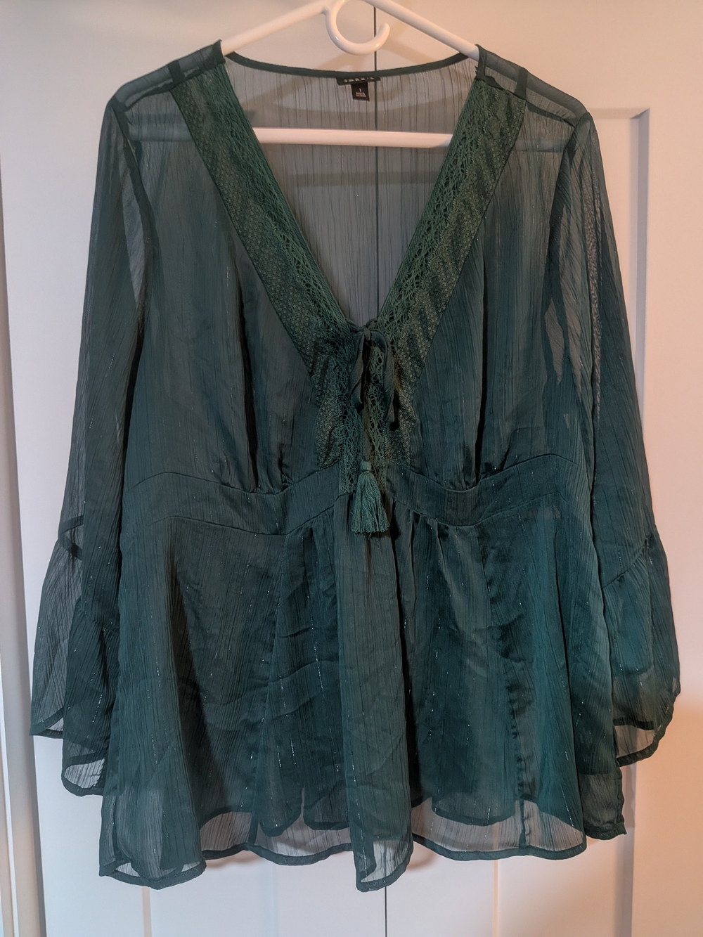 torrid Forest Green Sheer V-Neck Blouse with Tassel Tie